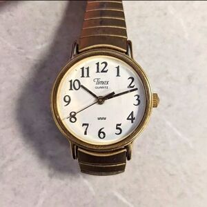 WORKING Ladies Vintage Timex White Dial And Gold Tone Stretch Band